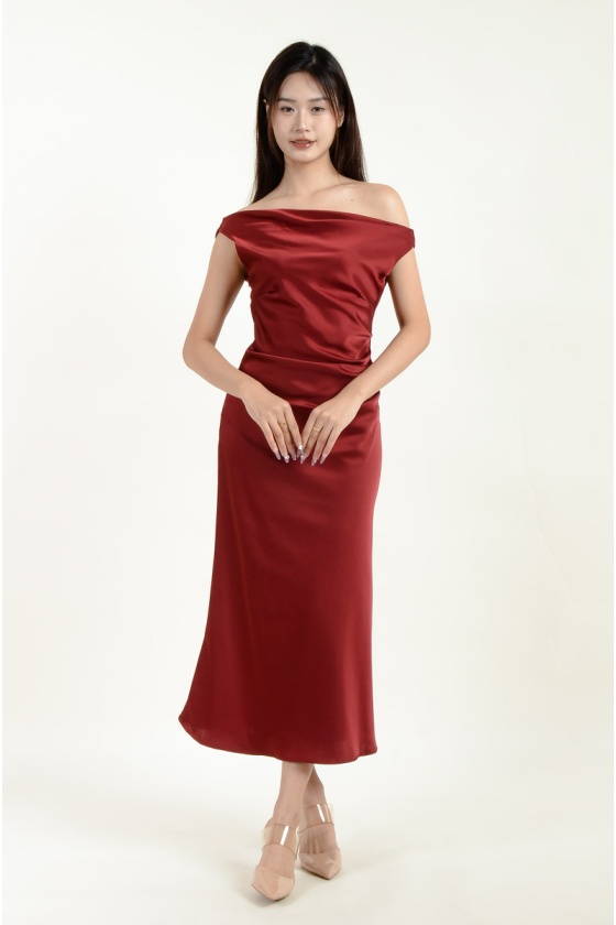Mikayla Toga Satin Midi Dress - Wine