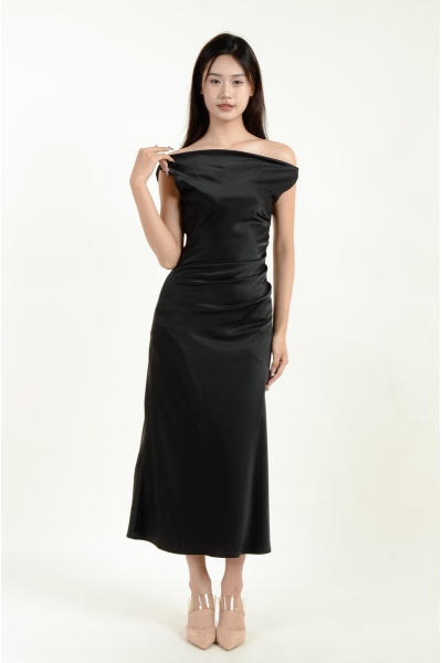 Mikayla Toga Satin Midi Dress - Black