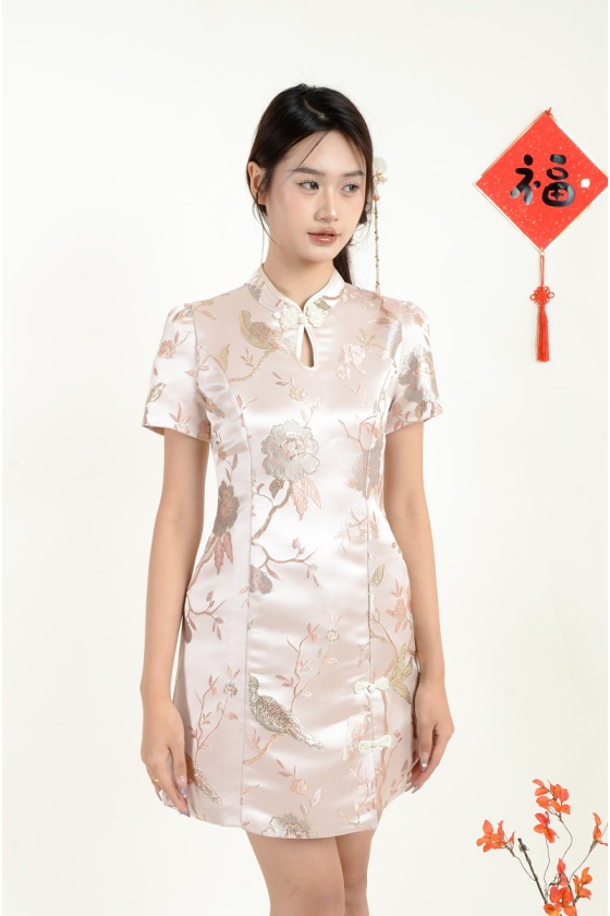 Vienna Satin Cheongsam Dress - Pink (Gold Thread)