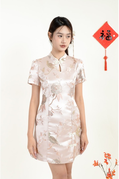 Vienna Satin Cheongsam Dress - Pink (Gold Thread)