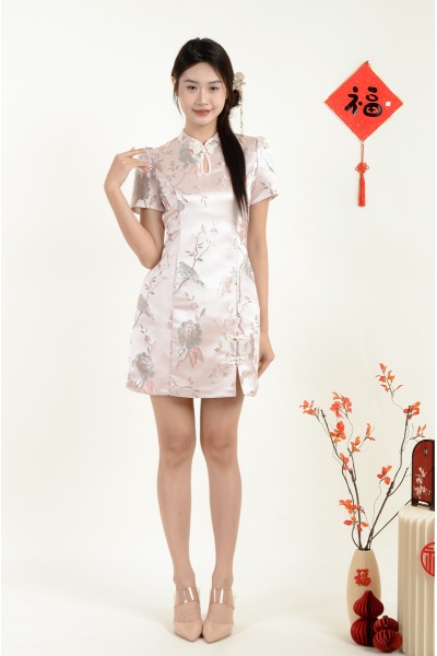 Vienna Satin Cheongsam Dress - Pink (Silver Thread)