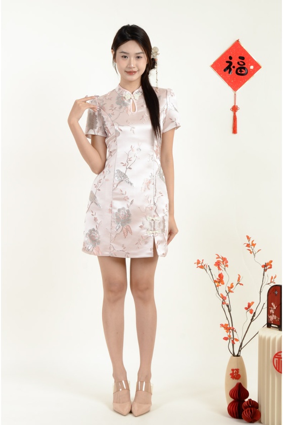 Vienna Satin Cheongsam Dress - Pink (Silver Thread)