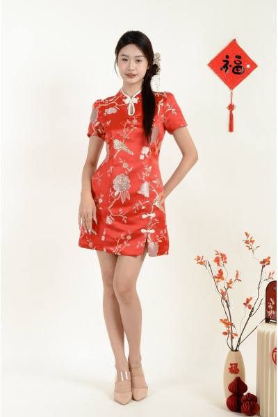 Vienna Satin Cheongsam Dress - Red