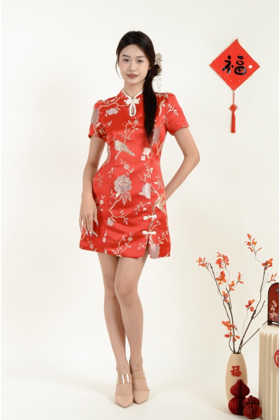 Vienna Satin Cheongsam Dress - Red