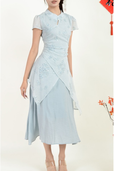 Adley Cheongsam Dress - Ash Blue