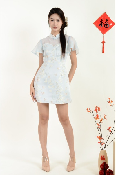 Zendaya Cheongsam with Mesh Sleeve - Blue