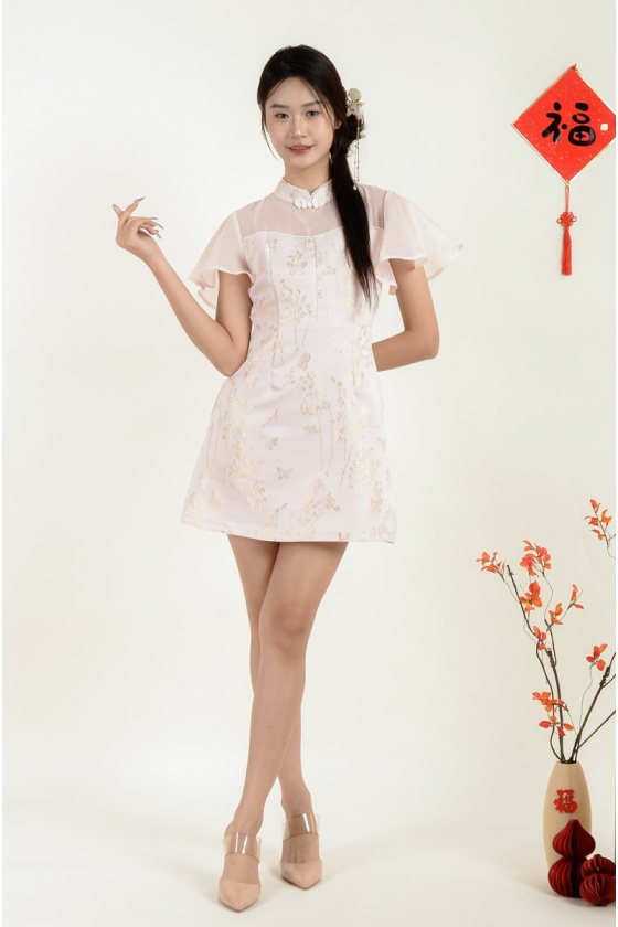 Zendaya Cheongsam with Mesh Sleeve - Pink