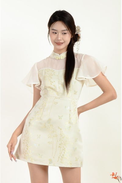 Zendaya Cheongsam with Mesh Sleeve - Yellow