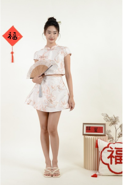 Adrianna Floral Cheongsam Setwear - Peach