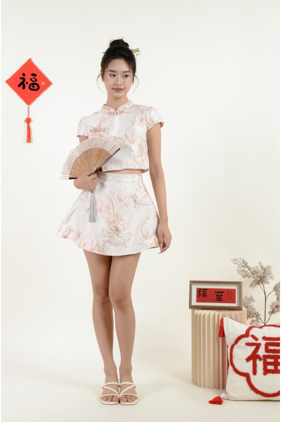 Adrianna Floral Cheongsam Setwear - Peach