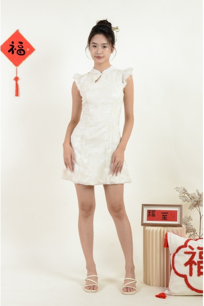 Estelle Crochet Cheongsam Dress - Beige