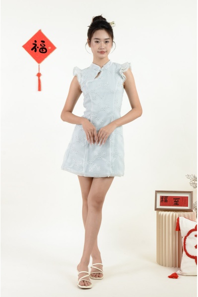 Estelle Crochet Cheongsam Dress - Blue
