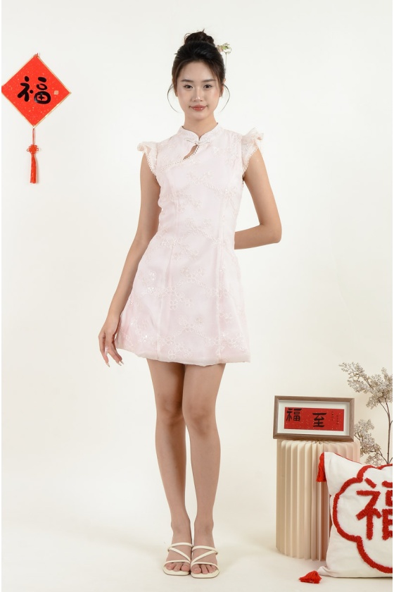 Estelle Crochet Cheongsam Dress - Pink