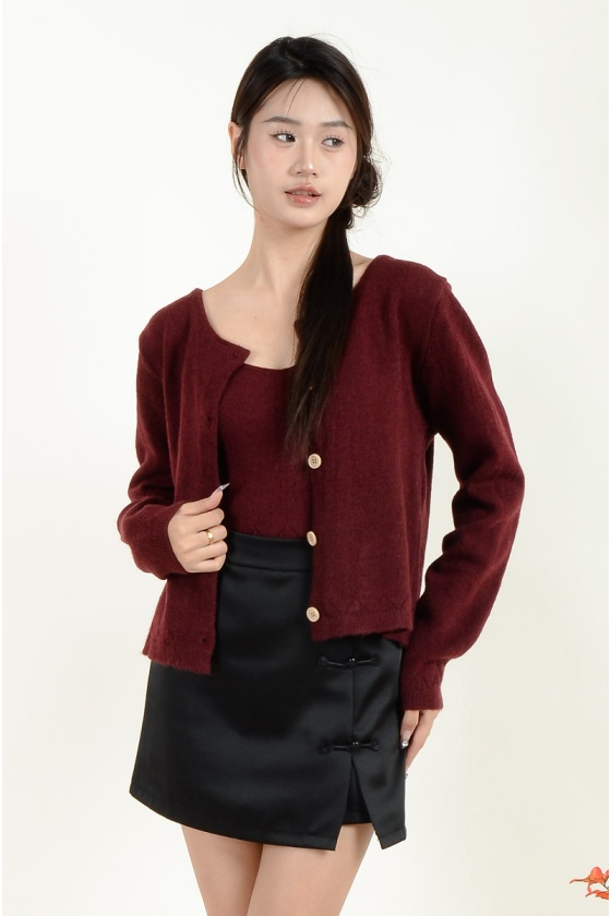 Mavis Knitted Singlet + Cardigan - Wine