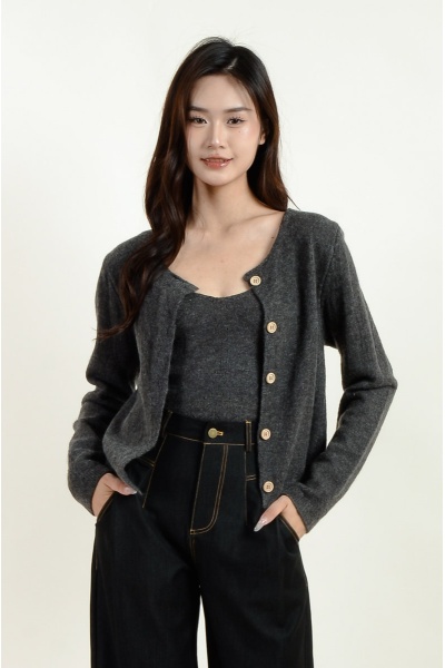 Mavis Knitted Singlet + Cardigan - Dark Grey