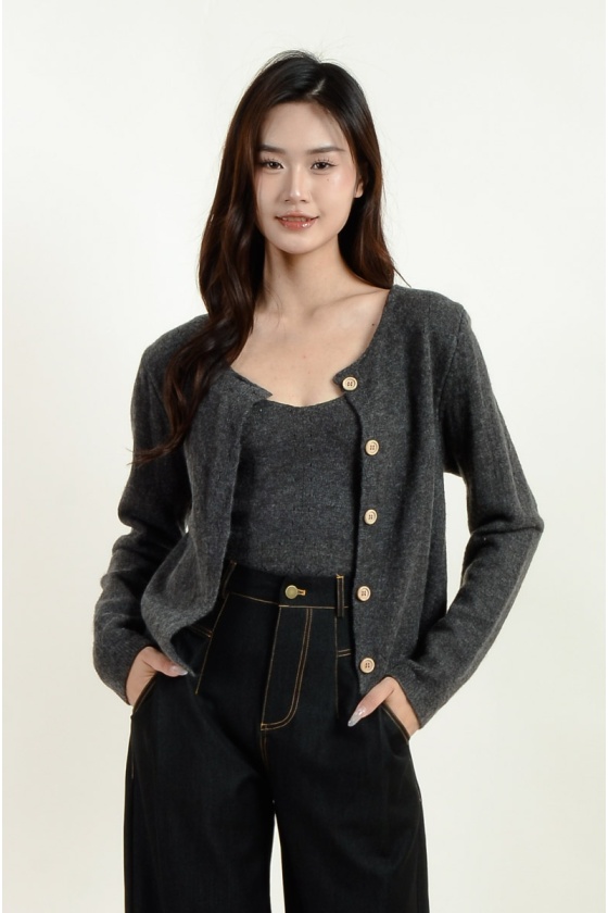 Mavis Knitted Singlet + Cardigan - Dark Grey