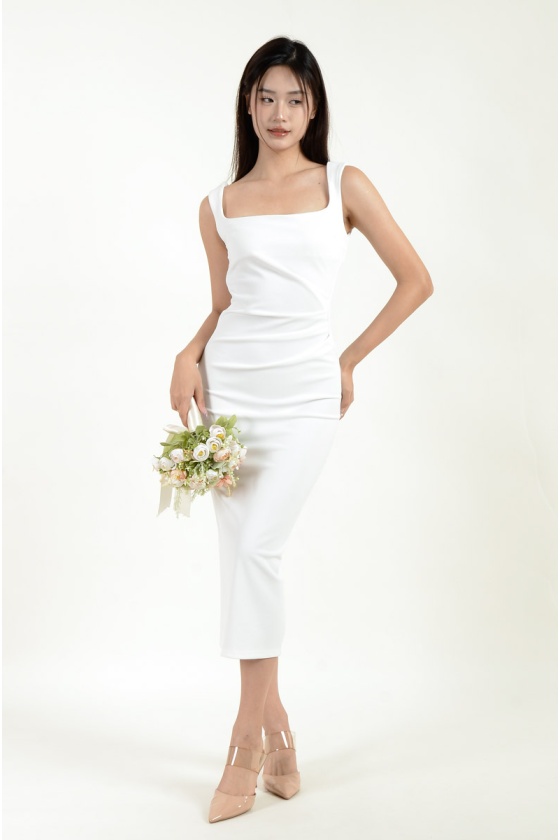 Maxine Square Neck Ruched Dress - White