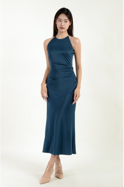 Mina Halter Satin Mermaid Dress - Cyan