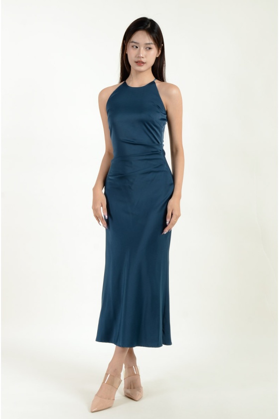 Mina Halter Satin Mermaid Dress - Cyan