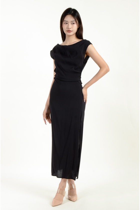 Novah Ruched Midi Dress - Black