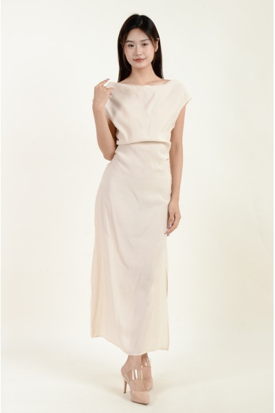 Novah Ruched Midi Dress - Beige