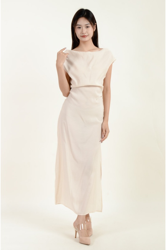 Novah Ruched Midi Dress - Beige
