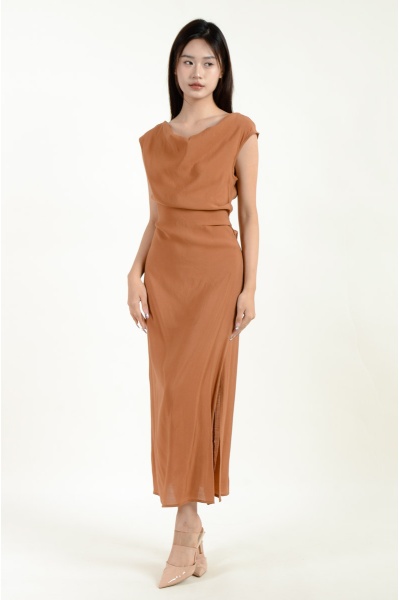 Novah Ruched Midi Dress - Brown