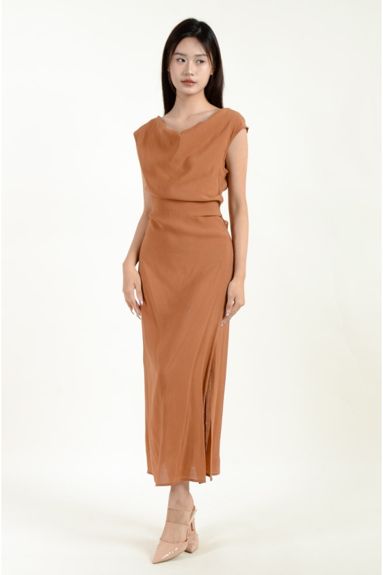 Novah Ruched Midi Dress - Brown