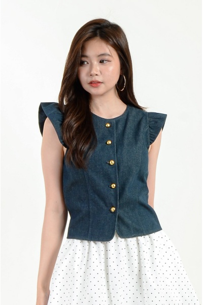 Ashlyn Flute Sleeve Denim Top - Dark Blue