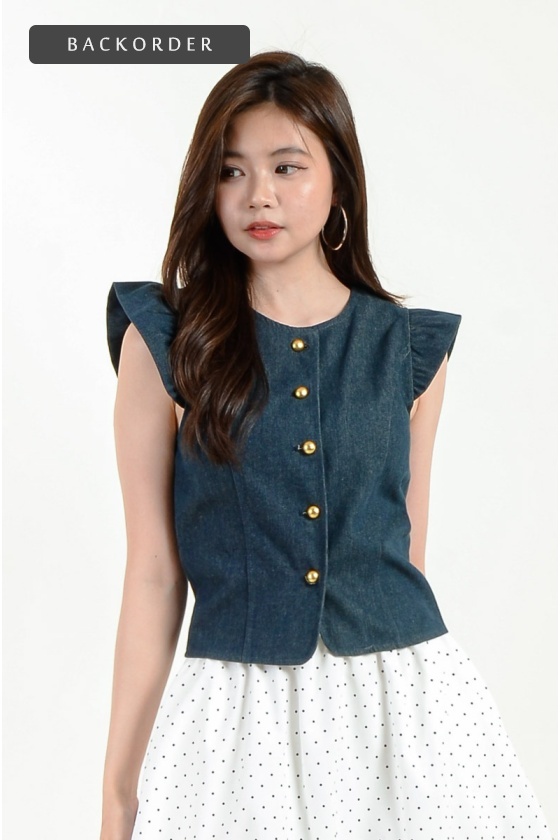 [BackOrder ETA 25 June] Ashlyn Flute Sleeve Denim Top - Dark Blue