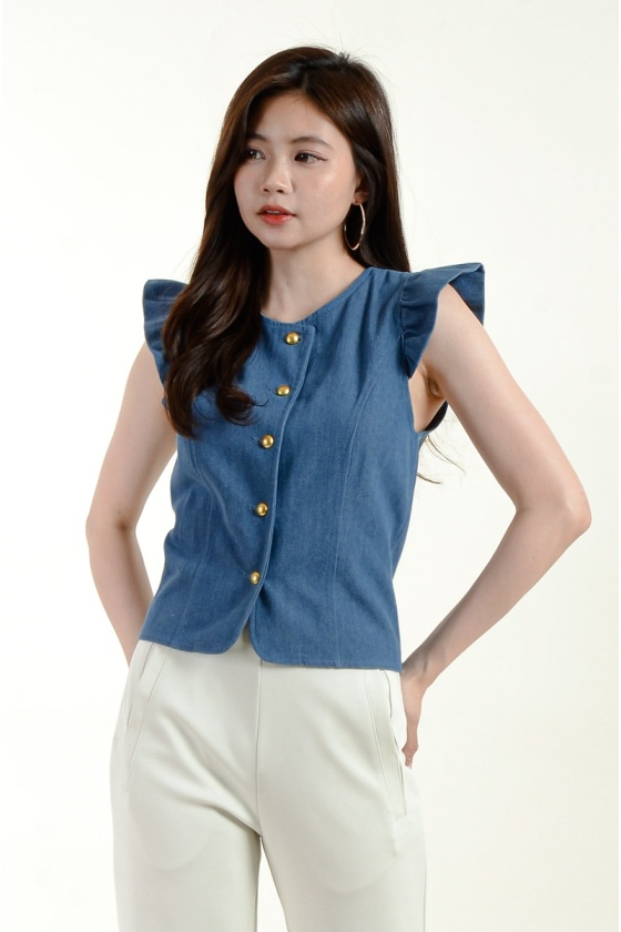 Ashlyn Flute Sleeve Denim Top - Light Blue