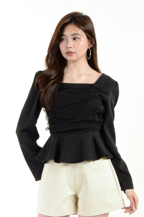 Samira Mesh Peplum Top - Black
