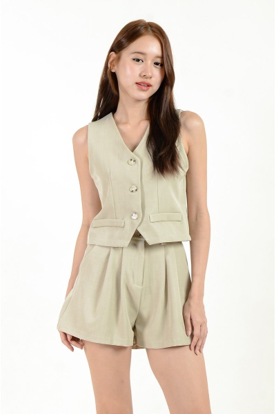 Rubi V Neck Vest and Shorts Set - Khaki