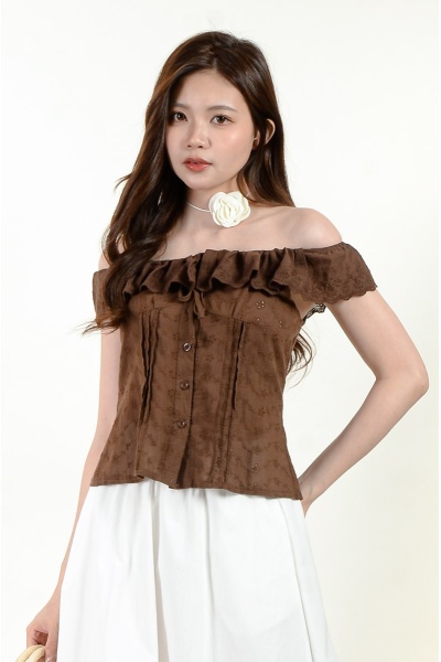 Raina Off Shoulder Smocked Top - Brown