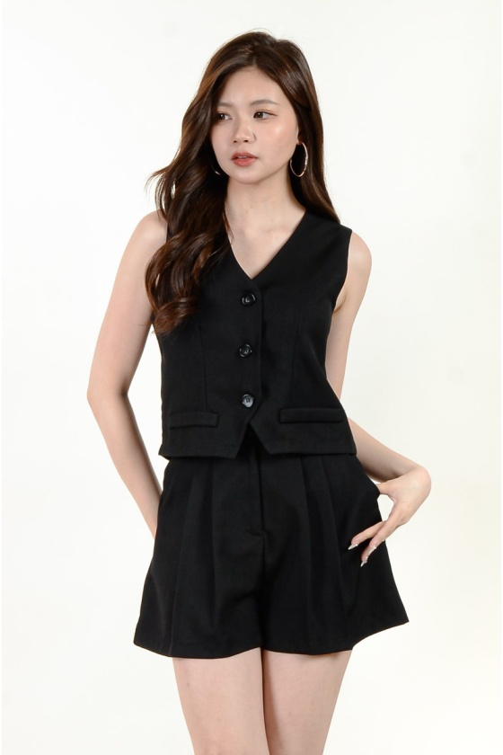 Rubi V Neck Vest and Shorts Set - Black