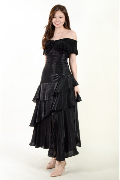 Mary Off Shoulder Ruffle Maxi Dress - Black