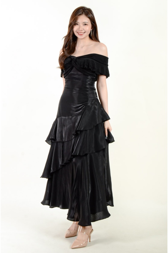 Mary Off Shoulder Ruffle Maxi Dress - Black