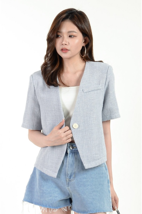 Brennan V Neck Tweed Top - Blue