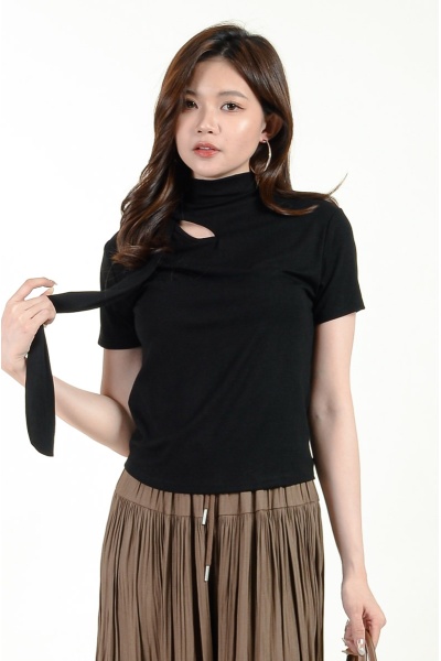 Mia High Neck Tee with Straps - Black