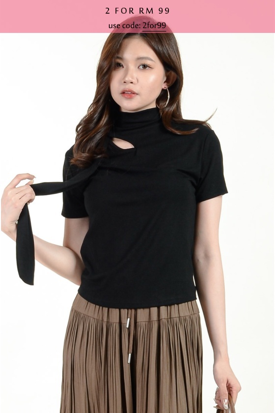 Mia High Neck Tee with Straps - Black