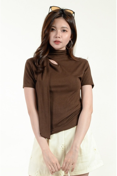 Mia High Neck Tee with Straps - Brown