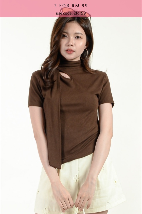 Mia High Neck Tee with Straps - Brown