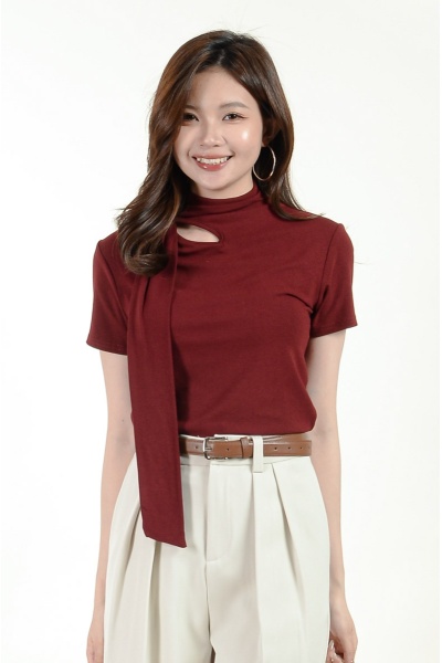 Mia High Neck Tee with Straps - Wine