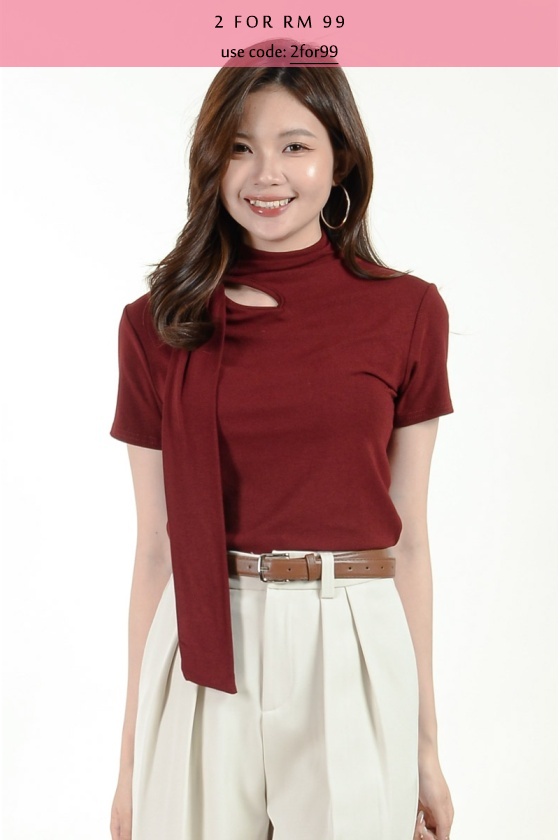 Mia High Neck Tee with Straps - Wine
