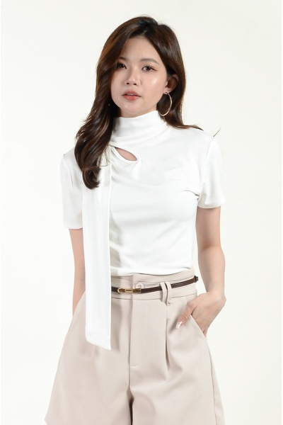 Mia High Neck Tee with Straps - White