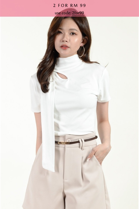Mia High Neck Tee with Straps - White