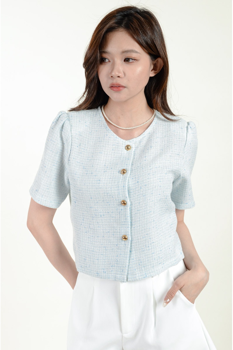 Cruz Round Neck Tweed Top - Blue by KEI MAG