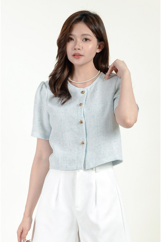 Cruz Round Neck Tweed Top - Blue