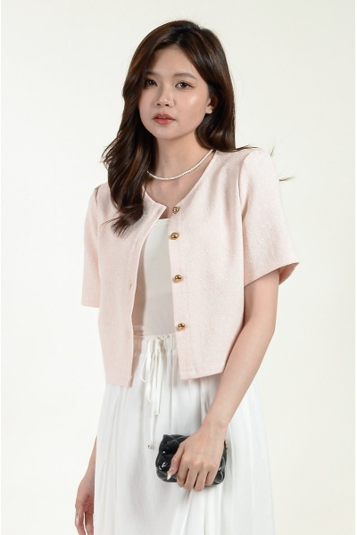 Cruz Rounc Neck Tweed Top - Pink